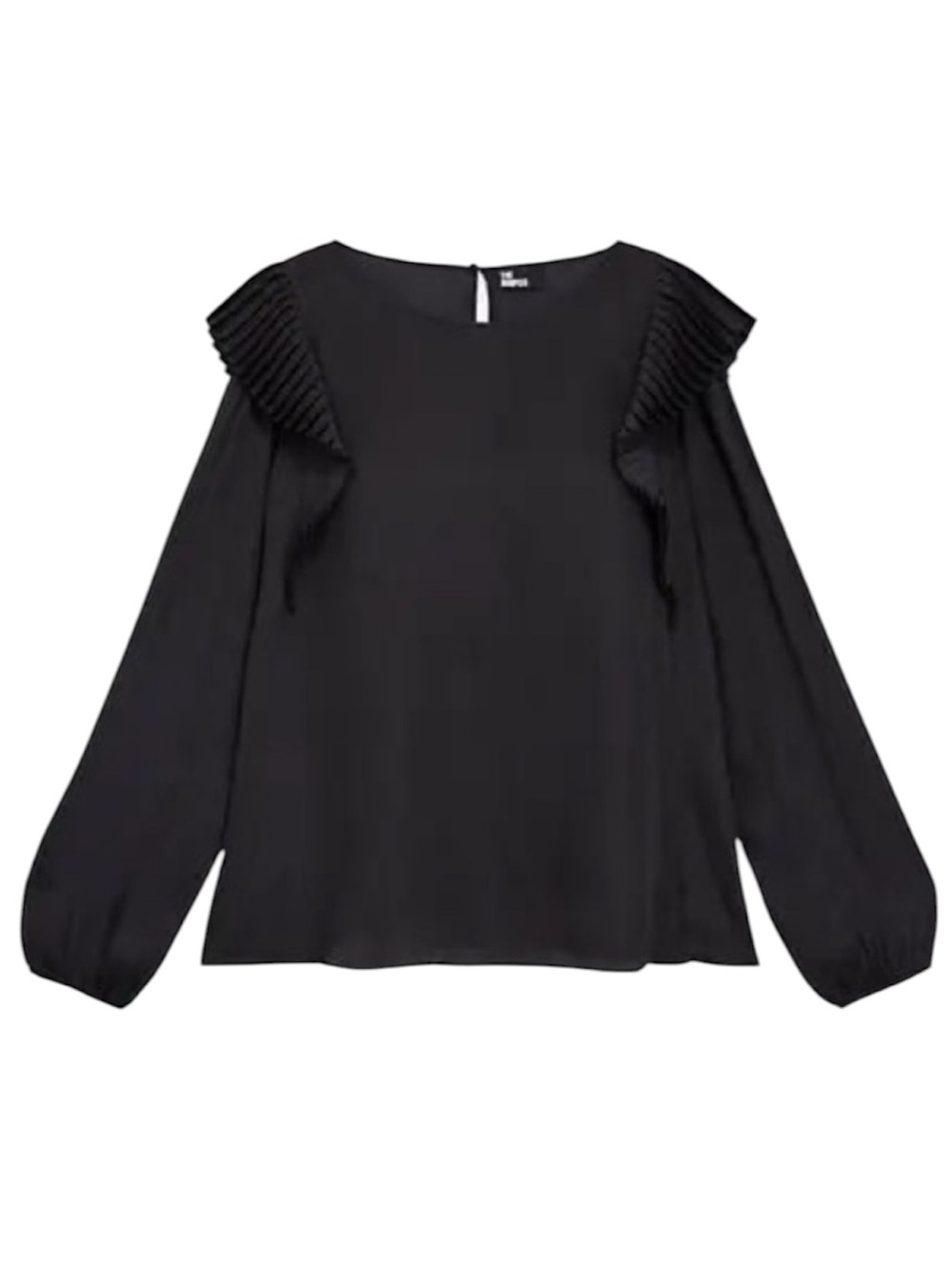 The Kooples Black Shine Pleated Frilled Shoulder Long Puff Sleeve Blouse Size 4